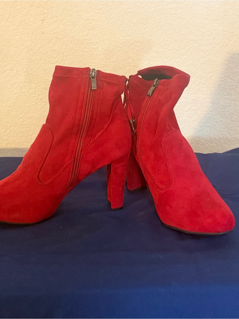 Red Suede Block Heel Ankle Boots - Women's